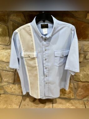Vtg Rustler Shirt by Wrangler Men XL Color Block Light Blue & Tan Button Down